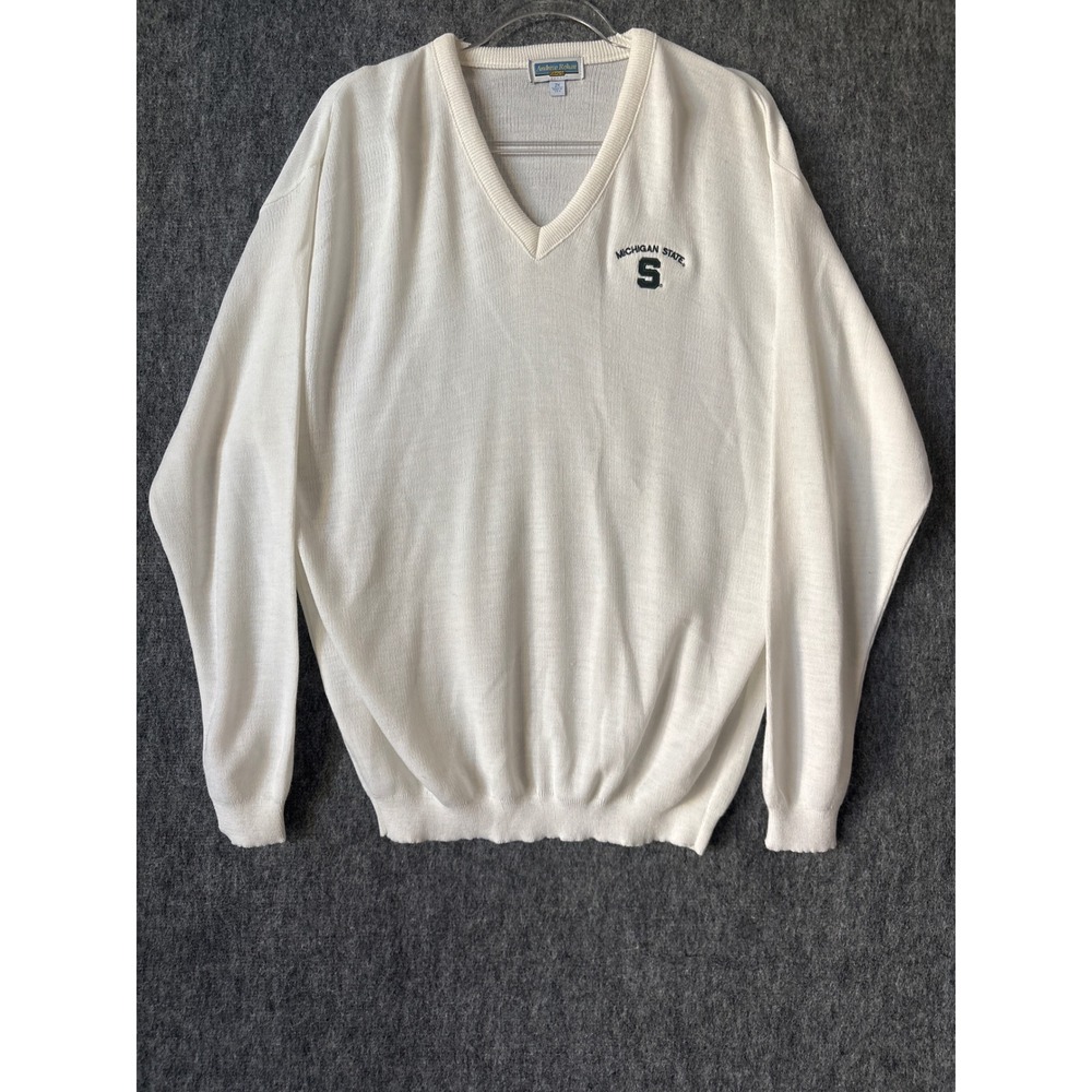 Vintage Andrew Rohan Michigan State Spartans V-Neck Sweater White Mens 2XL USA